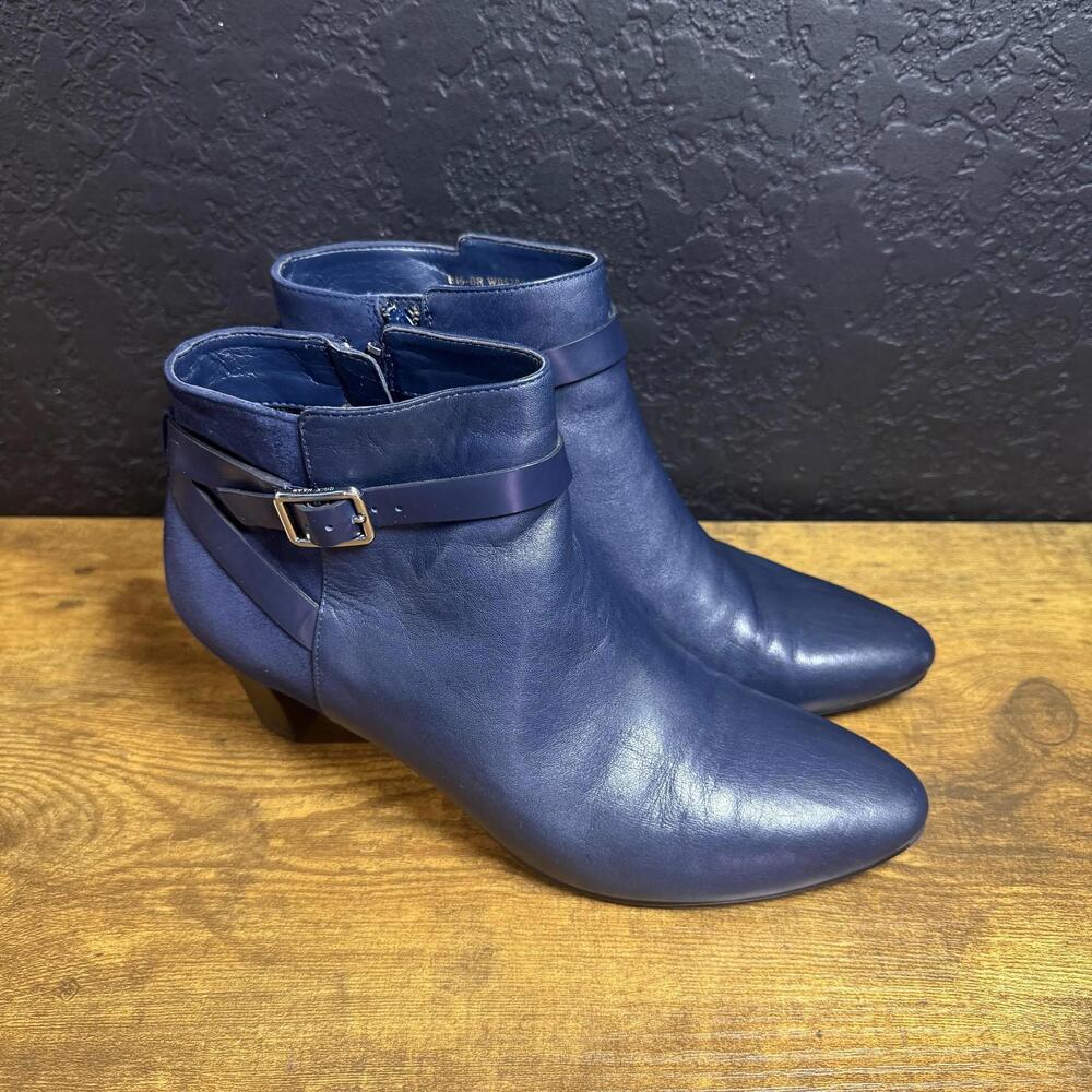 Cole Haan Boots Womens Size 6.5B Blue Leather‎ Ankle Booties Buckle Cone Heel